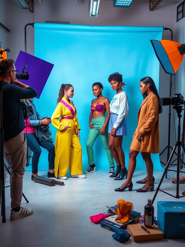 A diverse team of photographers and models working collaboratively in a fully equipped studio, highlighting the advantages of Qorima's full-day rental.