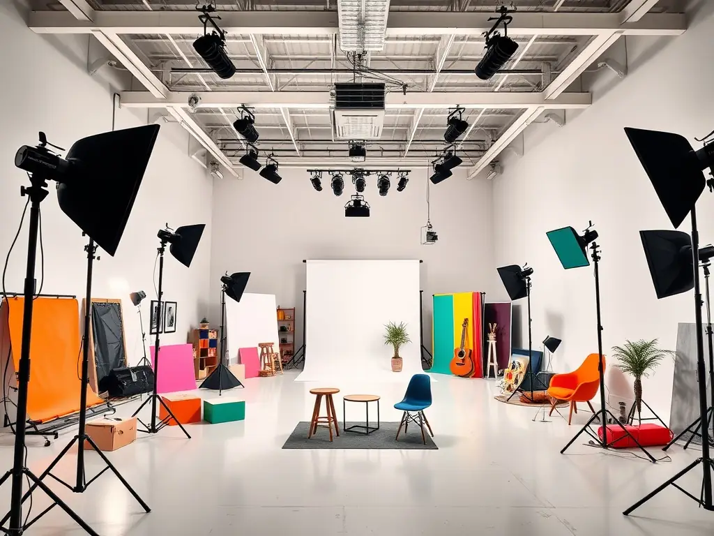 A wide shot of the Qorima studio, showcasing various photography setups, lighting equipment, and a comfortable client area, emphasizing the professional environment.