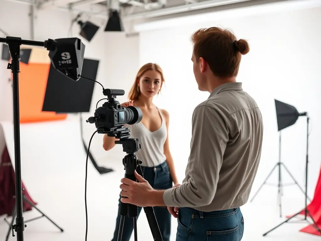 A photographer working with a model in the studio during a full-day rental, demonstrating the spaciousness and versatility of the studio.