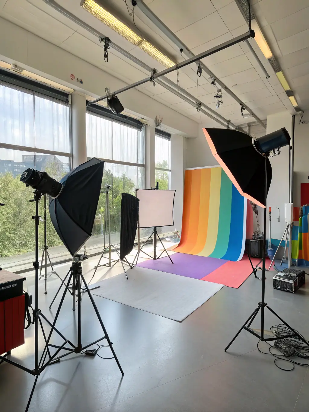 A brightly lit photography studio with various backdrops and professional lighting equipment, showcasing the hourly rental setup at Qorima.