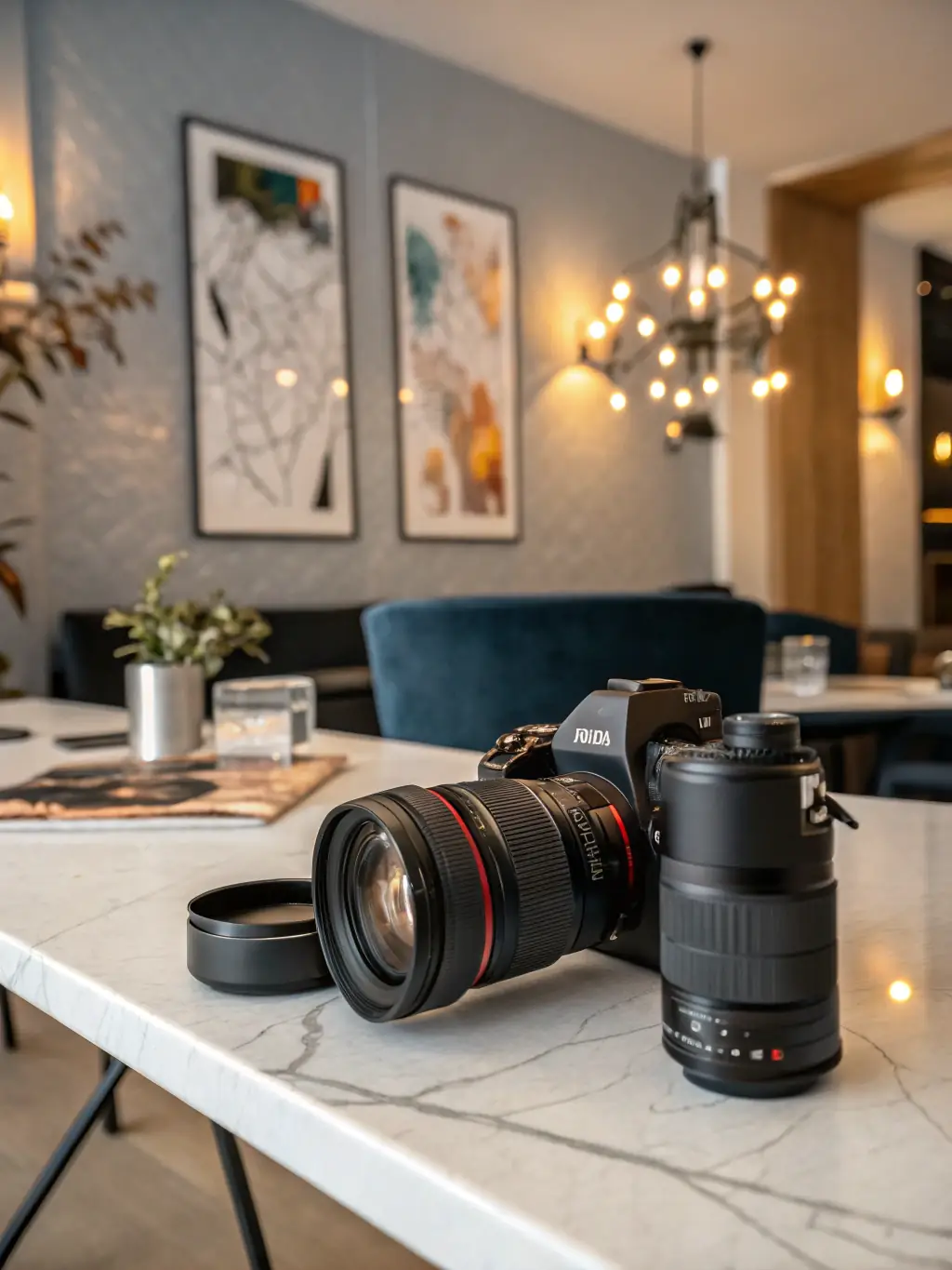 A professional-grade DSLR camera with various lenses and accessories, neatly arranged on a table, ready for rental at Qorima Photo Studio.