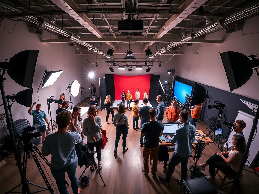 A team of photographers working in the studio during a half-day rental, showcasing the space in use and the collaborative environment.