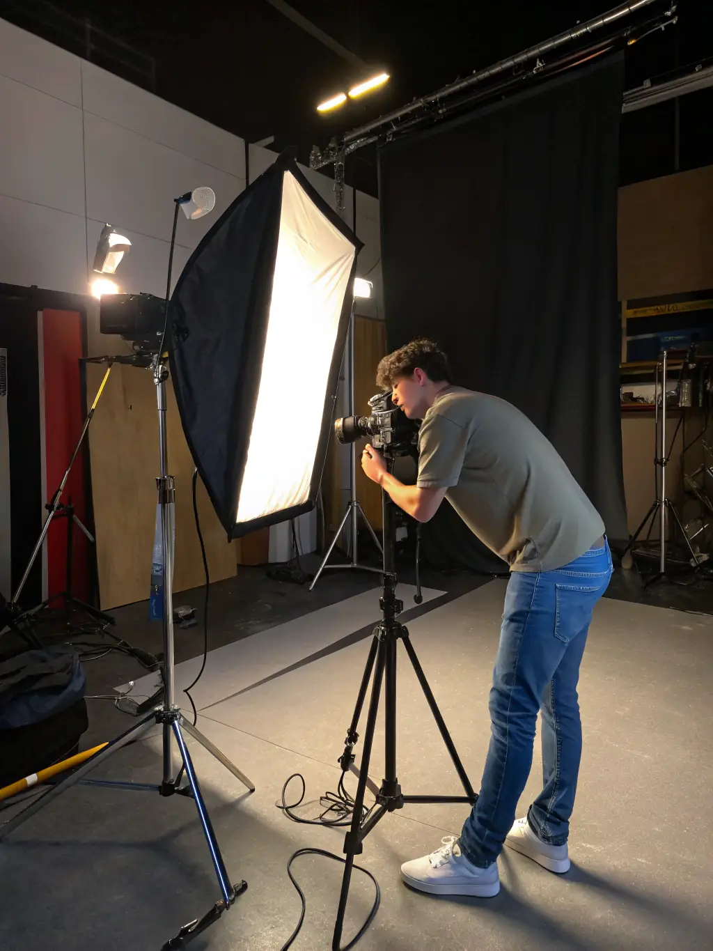 A photographer setting up lights and adjusting camera settings in a spacious studio, illustrating the benefits of Qorima's half-day rental.