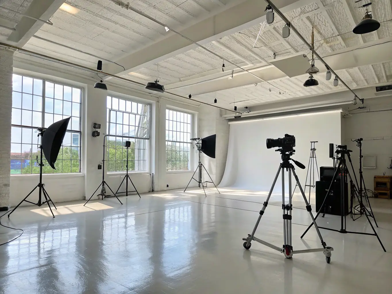 A spacious, well-lit photography studio with modern equipment and a clean, professional setup, ready for an hourly rental.