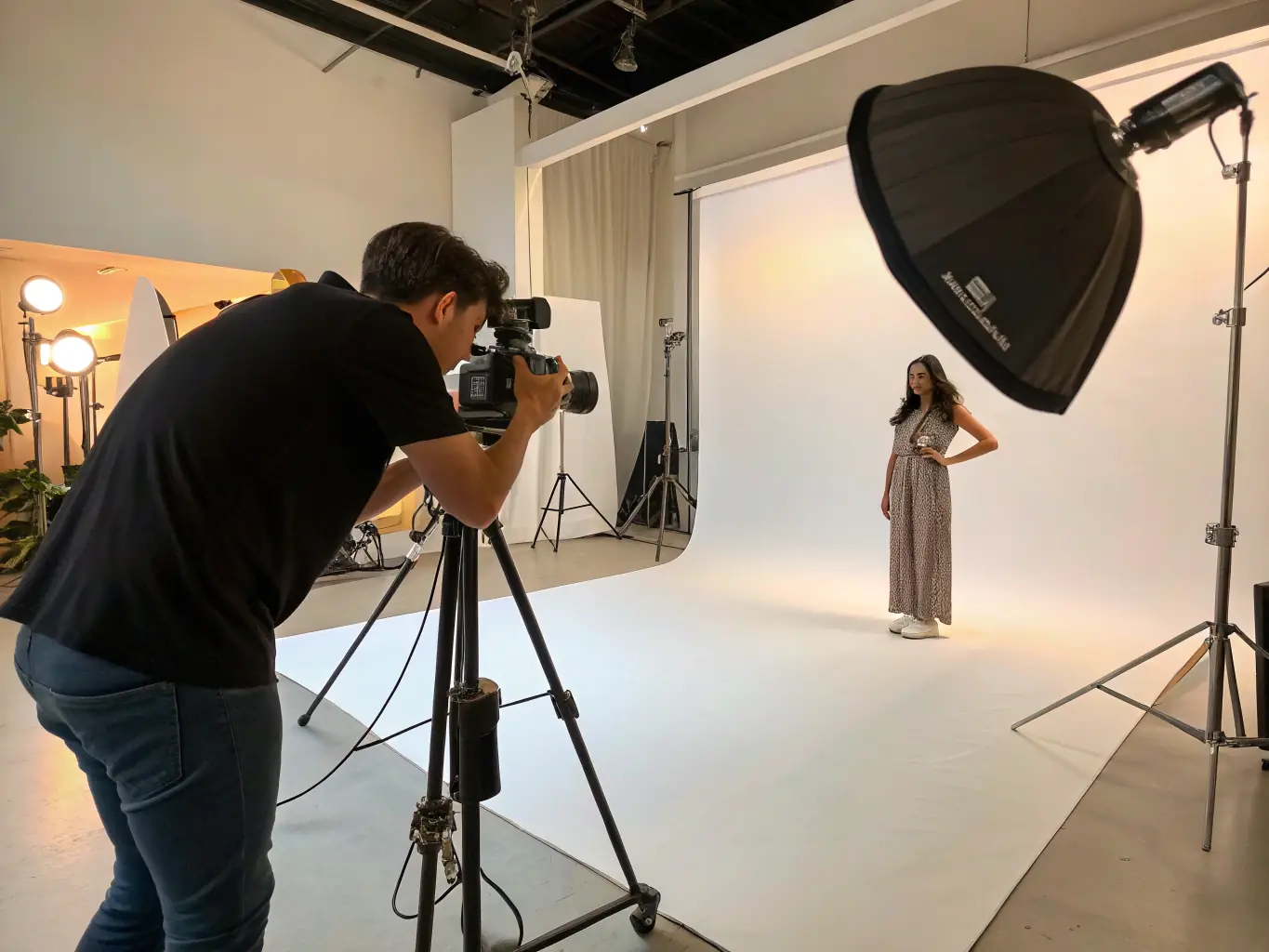 A photographer capturing a model in the studio with various lighting setups during an 8-hour session, demonstrating the studio's versatility.