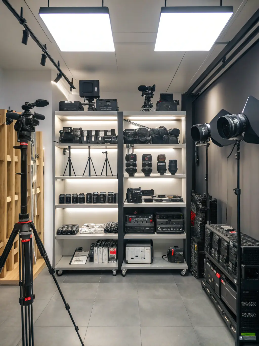 An array of professional photography equipment, including cameras, lenses, and lighting gear, neatly arranged and ready for rental at Qorima.