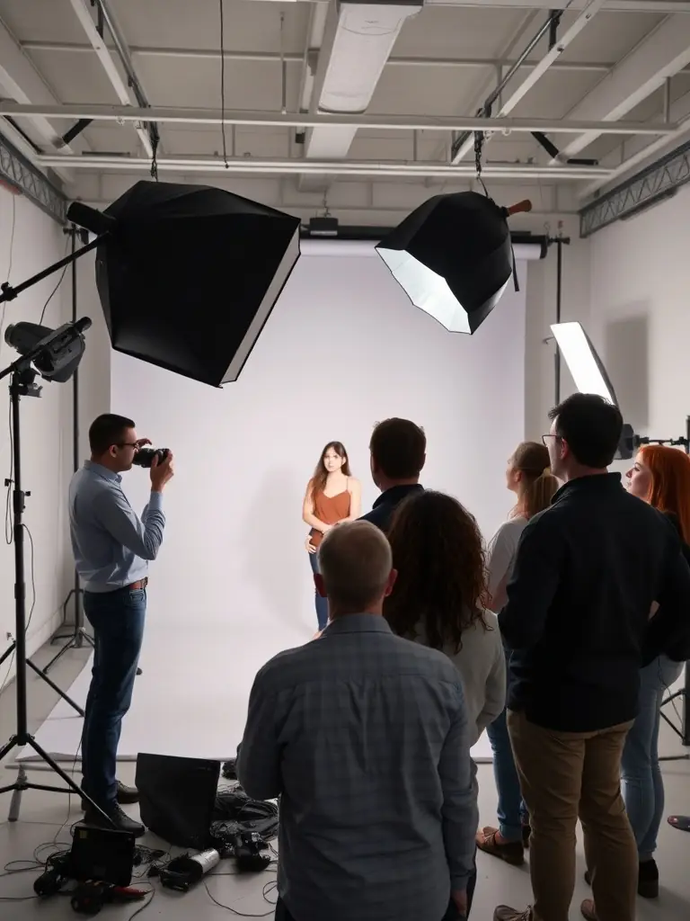A photographer teaching portrait techniques to workshop attendees, using professional equipment in a studio setting at Qorima Photo Studio.
