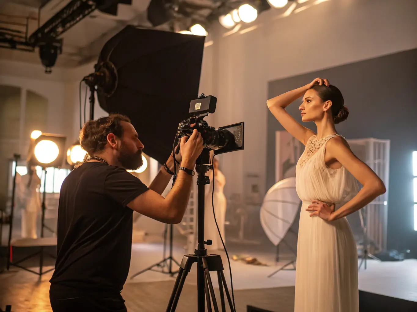 A brightly lit photography studio showcasing a photographer setting up equipment for a half-day session, with various backdrops and lighting options visible.