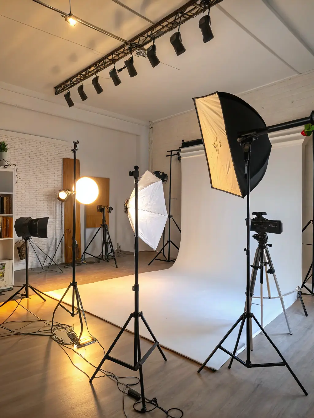 Studio lighting equipment including strobes, softboxes, and reflectors, set up in a studio environment at Qorima Photo Studio.